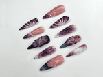 Elegant Purple Bloom Press On Nails | 3D Floral Ombre Nail Art | Nude Pink Handmade Nails | Luxury Artistic Long Set | JB1152BK