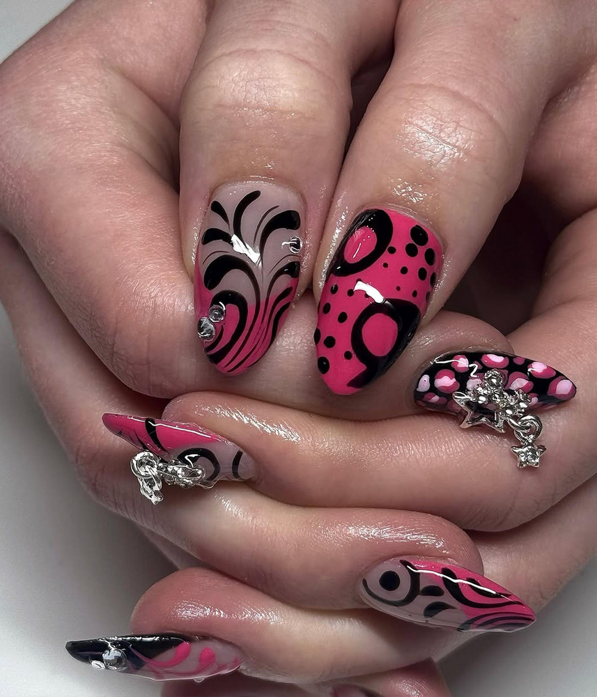 Y2K Hot Pink Press On Nails | Retro Pop Art Nail Set | Black & Pink Graphic Nails with Star Charms | Y2K Vibes Acrylic Press Ons | JC795HK