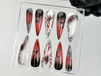 Gothic Fantasy Press On Nails | Dark Glam Fake Nails | 3D Red & Black Flame Nail Art | Handmade Dark Press Ons | Blood Nail Art | HB879YC