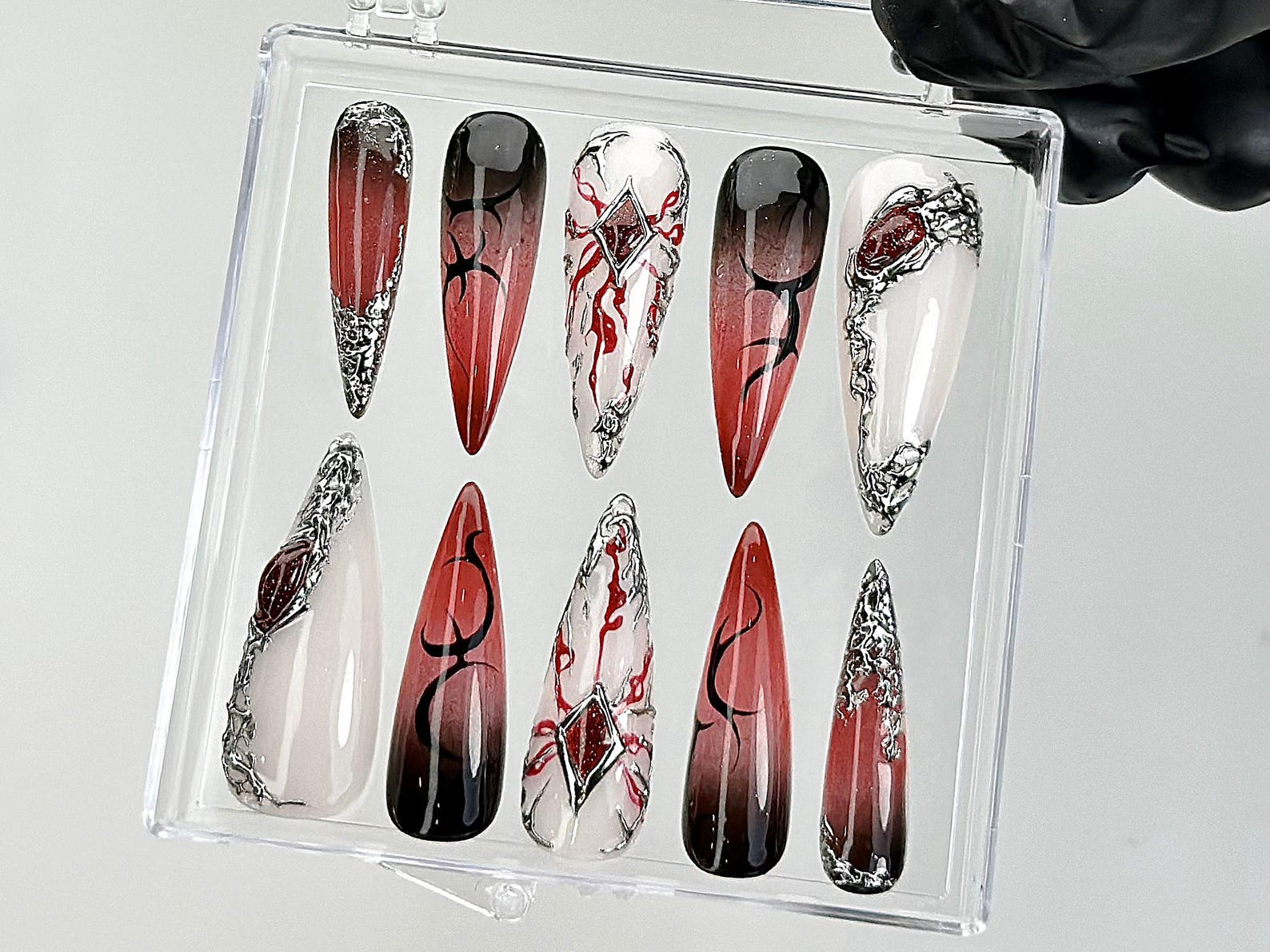 Gothic Fantasy Press On Nails | Dark Glam Fake Nails | 3D Red & Black Flame Nail Art | Handmade Dark Press Ons | Blood Nail Art | HB879YC