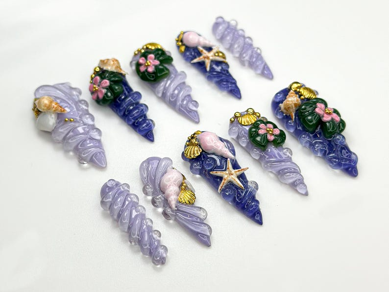 Mermaid Shell Spiral Press On Nails | Ocean-Inspired 3D Nail Art | Seashell Starfish Lilac Nails | Fairycore Beach Nail Set | JB861H