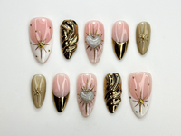 Luxury Nude Gold Almond Nails | Nude & Gold Celestial Nail Set | Handmade Chrome Swirl Nails | Elegant Cosmic Nails | JC792H