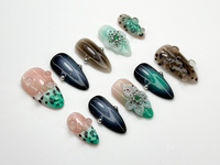 Mystic Leopard Bloom Press On Nails | Green Smoke & Gradient Nail Art | 3D Floral Nails | Handmade Moody Nail | Edgy Leopard Sesign | JC783H