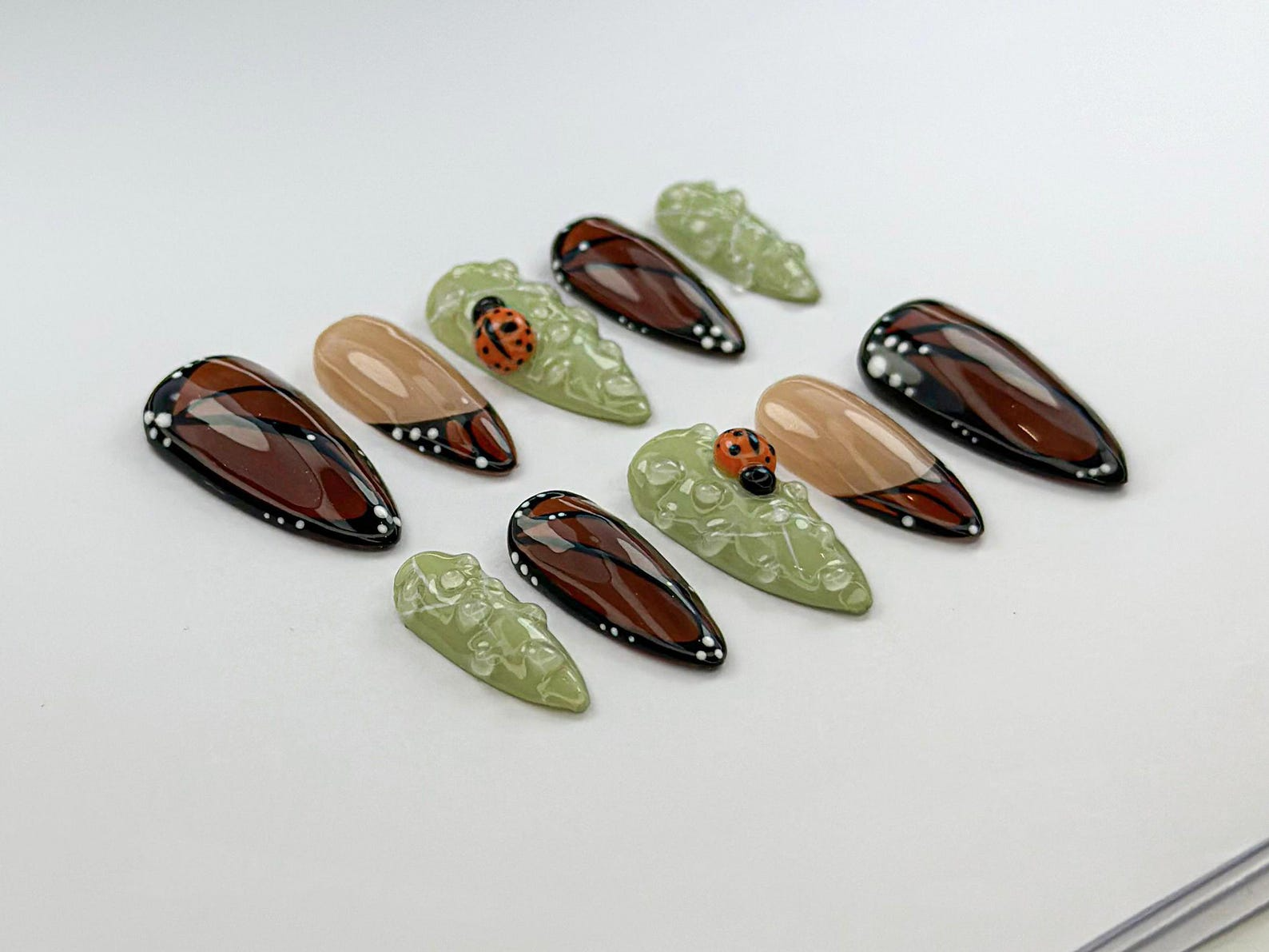 Monarch in Bloom Press On Nails | Butterfly & Bug Inspired Press Ons | Green And Brown Nail Art | Spring Nature Press On Nails | JB741H
