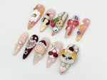 Kawaii Dessert Cat Press-On Nails | Handmade Cute Cat Nail Art | Cute 3D Kawaii Dessert Nail | 3D Handmade Nail | Elegant Nail Art | JB593HC