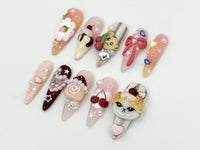 Kawaii Dessert Cat Press-On Nails | Handmade Cute Cat Nail Art | Cute 3D Kawaii Dessert Nail | 3D Handmade Nail | Elegant Nail Art | JB593HC