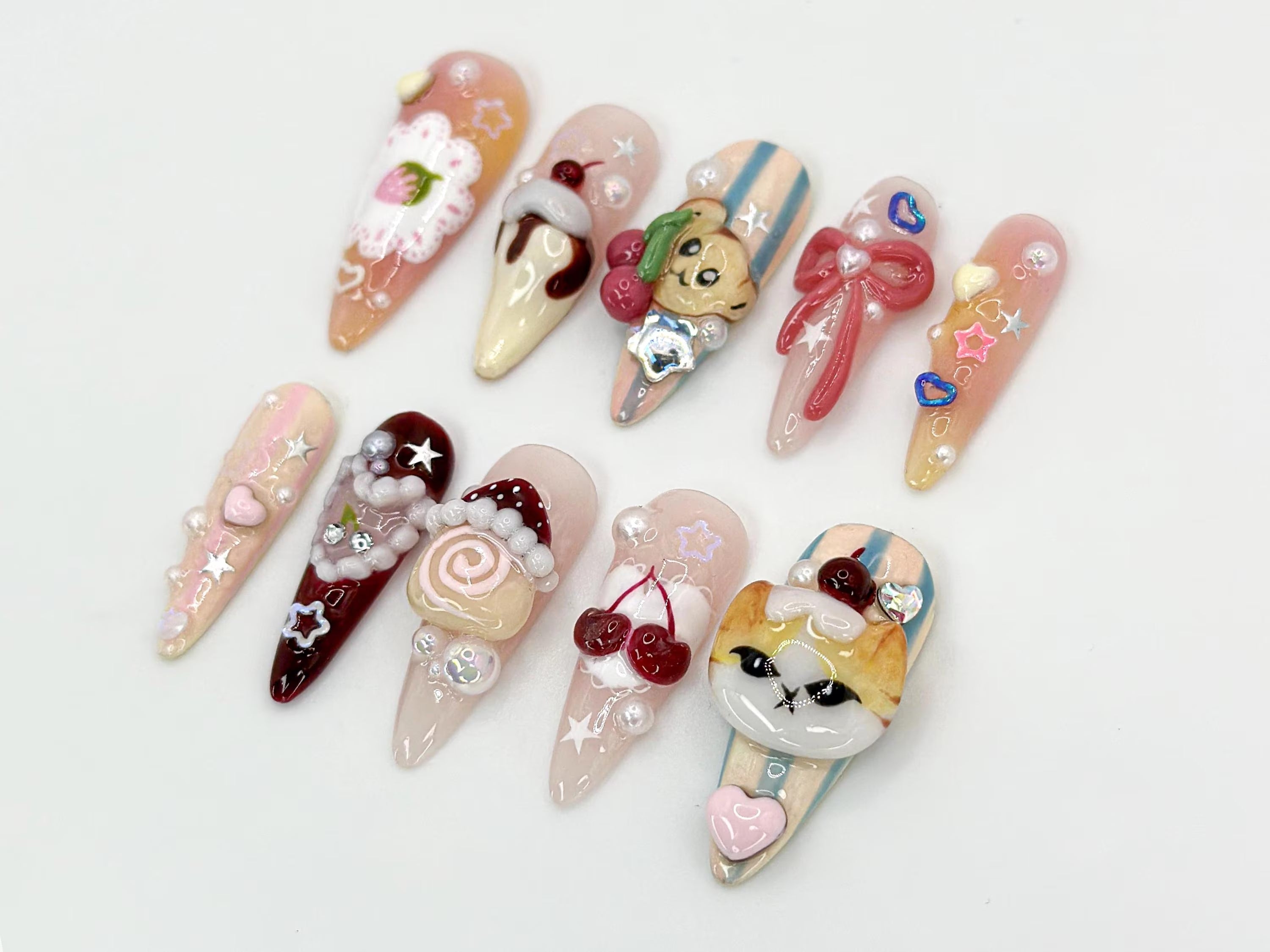 Kawaii Dessert Cat Press-On Nails | Handmade Cute Cat Nail Art | Cute 3D Kawaii Dessert Nail | 3D Handmade Nail | Elegant Nail Art | JB593HC