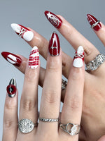 Kpop Inspired Cupid Voyage Nails | 7 Spirit Arirang Love Muse Press Ons | Red White Silver Retro Pop Nails | Coquette Fandom Nails| JC358IK