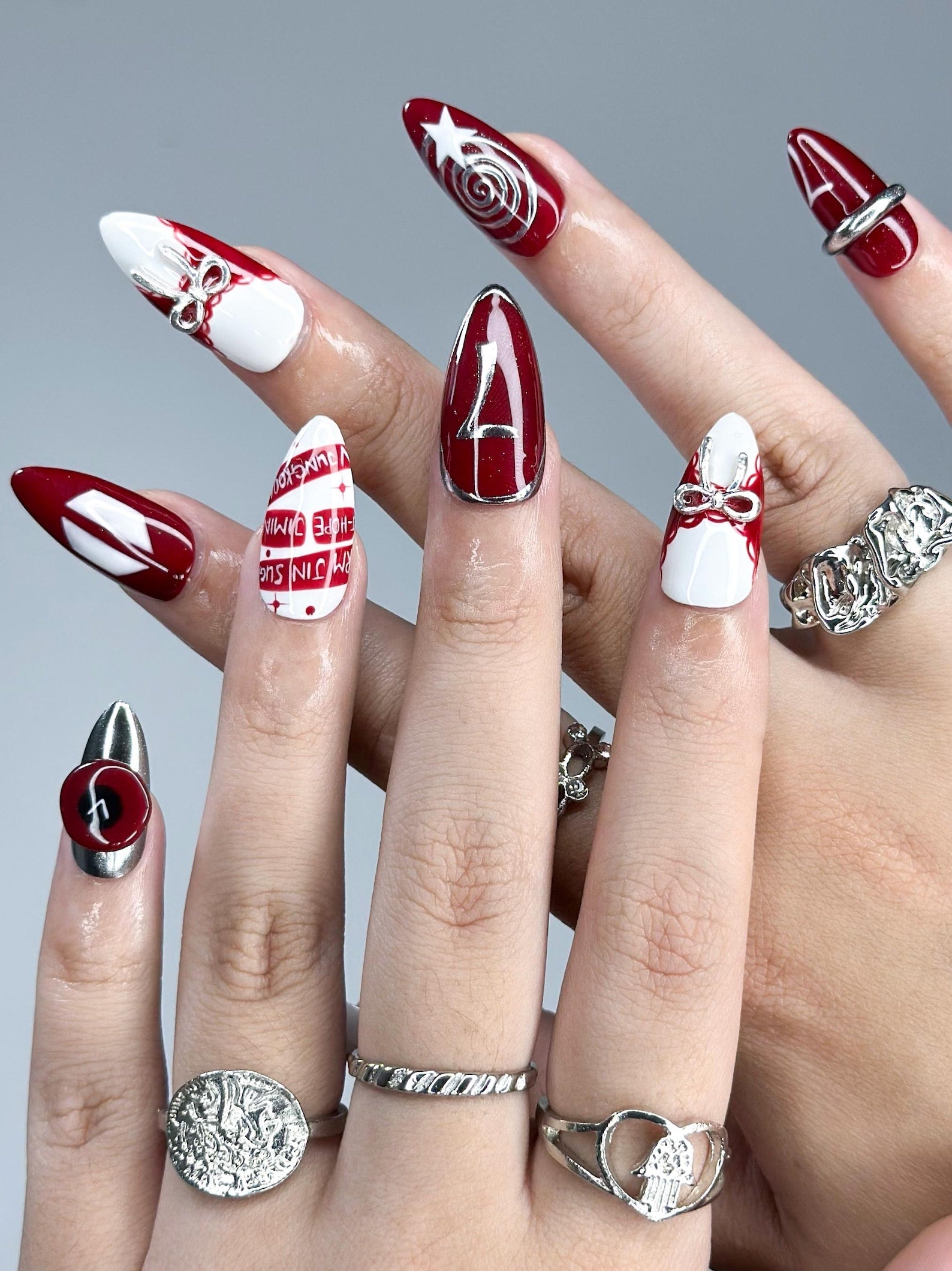 Kpop Inspired Cupid Voyage Nails | 7 Spirit Arirang Love Muse Press Ons | Red White Silver Retro Pop Nails | Coquette Fandom Nails| JC358IK