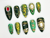 Royal Green Gold Press On Nails | Gold Foil Cameo Nail Art | Baroque Gemstone Nail Design | Victorian Green Press Ons | Retro Nails| JB866H