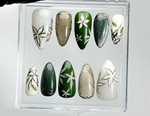 Jade Garden Serenity Press On Nails | Chinese Ink Painting Style | Lotus Bloom & Jade Charm Nails | Elegant Floral Nail Art | HB1018EK