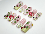 Handmade Picnic Theme Press On Nails | 3D Flower & Ladybug Nails | Cottagecore Nail Set | Pink Green Nature Nails | Handmade Nails | JB859H