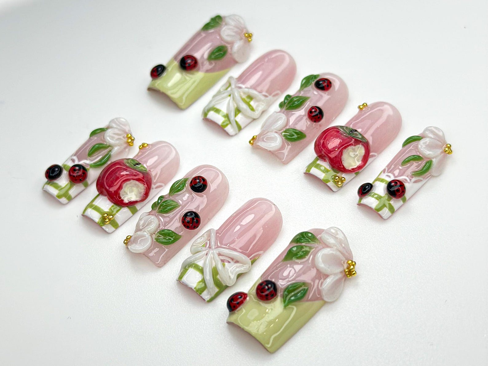 Handmade Picnic Theme Press On Nails | 3D Flower & Ladybug Nails | Cottagecore Nail Set | Pink Green Nature Nails | Handmade Nails | JB859H