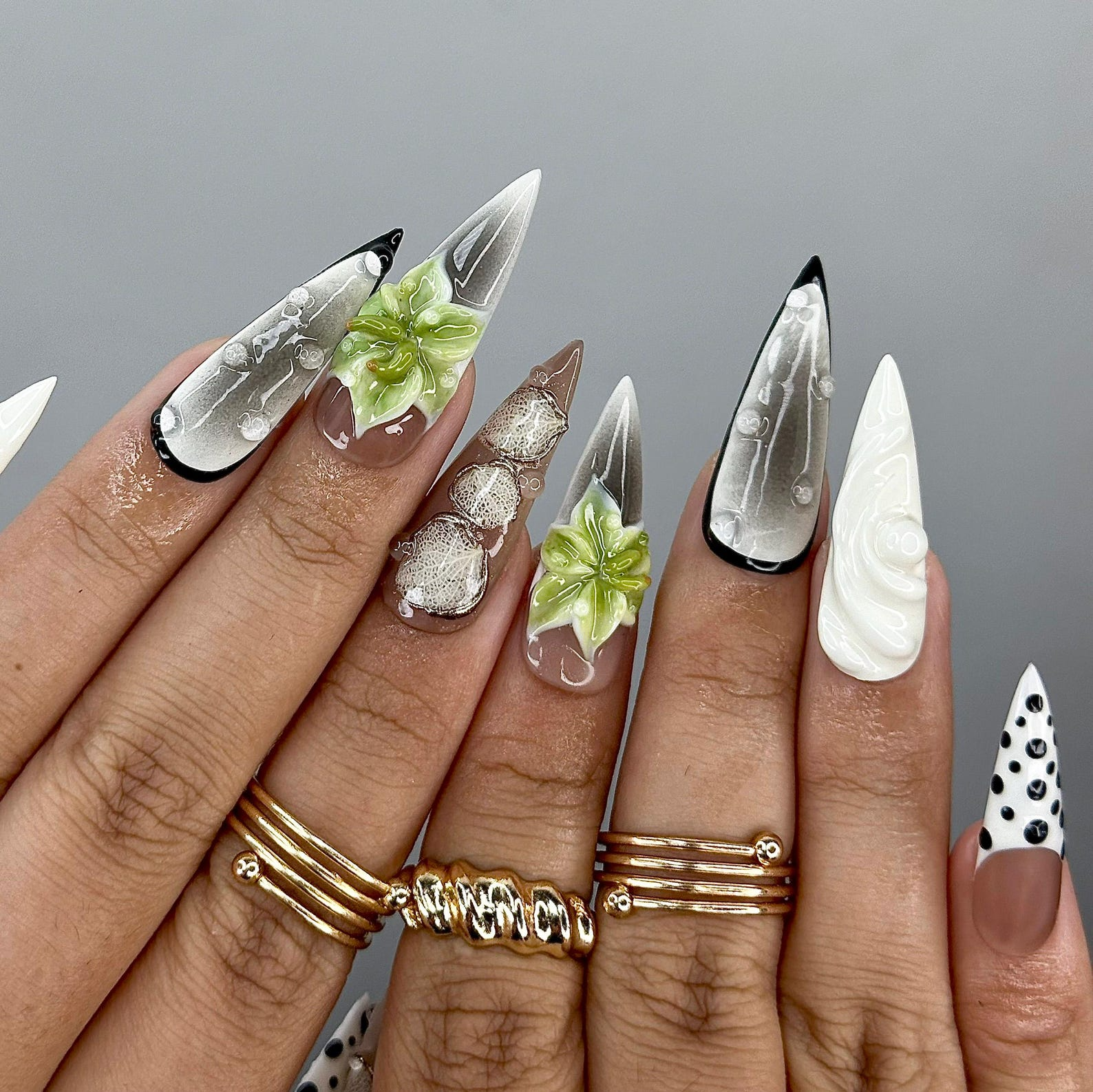 Modern Botanical Press On Nails |3D Green Flower and Gold Leaf Accents | Black & White Polka Dot Nails | JB1000EK