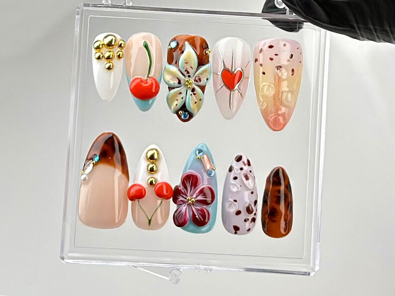 Holiday Sparkle Press On Nails | Red And White Crystal Embellished Acrylic Nails | Summer Wonderland Fake Nails | Luxury Press On Nails| HB624YC