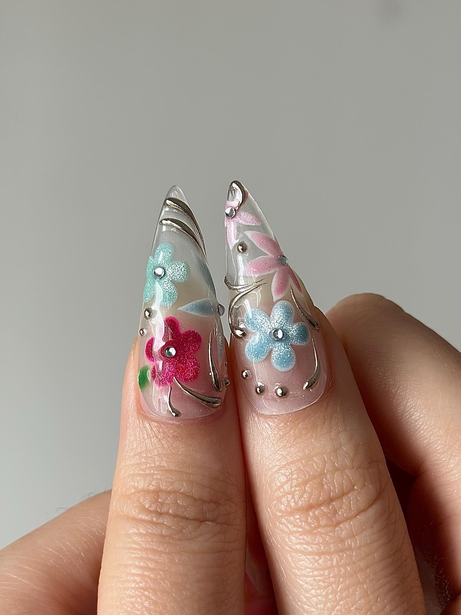 Spring Glass Floral Press On Nails | Hand Painted Flower Nails | Pastel Stiletto Nails | Elegant Floral Nail Art | Luxury Press Ons|HB1278HC