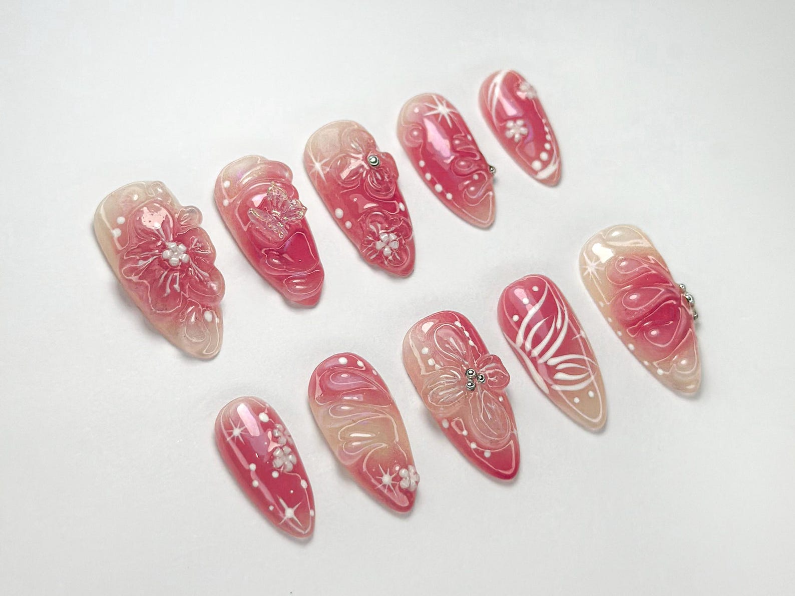 Blush Pink Floral Press On Nails | Soft Glitter Blossom Nail Set |Elegant Spring Nails | 3D Flower Nude Nail Tips | Everyday Glam | JC755HP