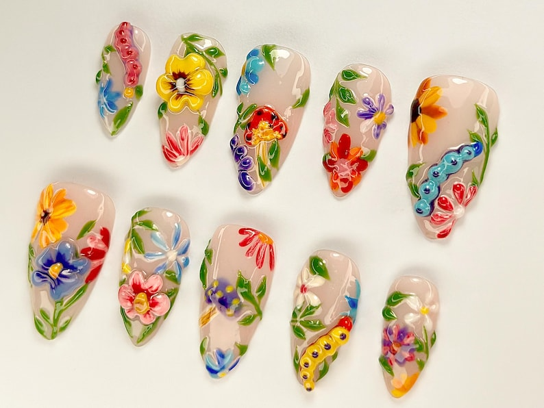 Colorful Flower Press-On Nails | Spring Flower Press Ons | 3D Flowers Fake Nails| Perfect for Special Occasions | Summer Collection |JB759YC