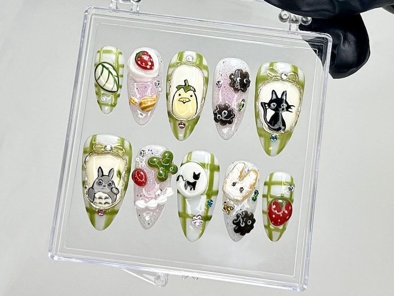 My Neighbor Totoro Press On Nails | Kawaii Ghibli Fake Nails | Totoro, Jiji, Soot Sprites Nail Art | Trendy Cartoon Kawaii Nails | HB909YC