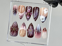 Luxury Purple Press On Nails | Glossy Ombre Press Ons | Deep Burgundy Fake Nails | 3D Blossom Nail Art | Long Almond Nails | HB746YK