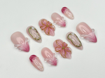 Blush Bloom Elegance Press On Nails | 3D Floral Accents & Gold Details & Pink Ombre Press Ons | Wedding Nails | JC962H