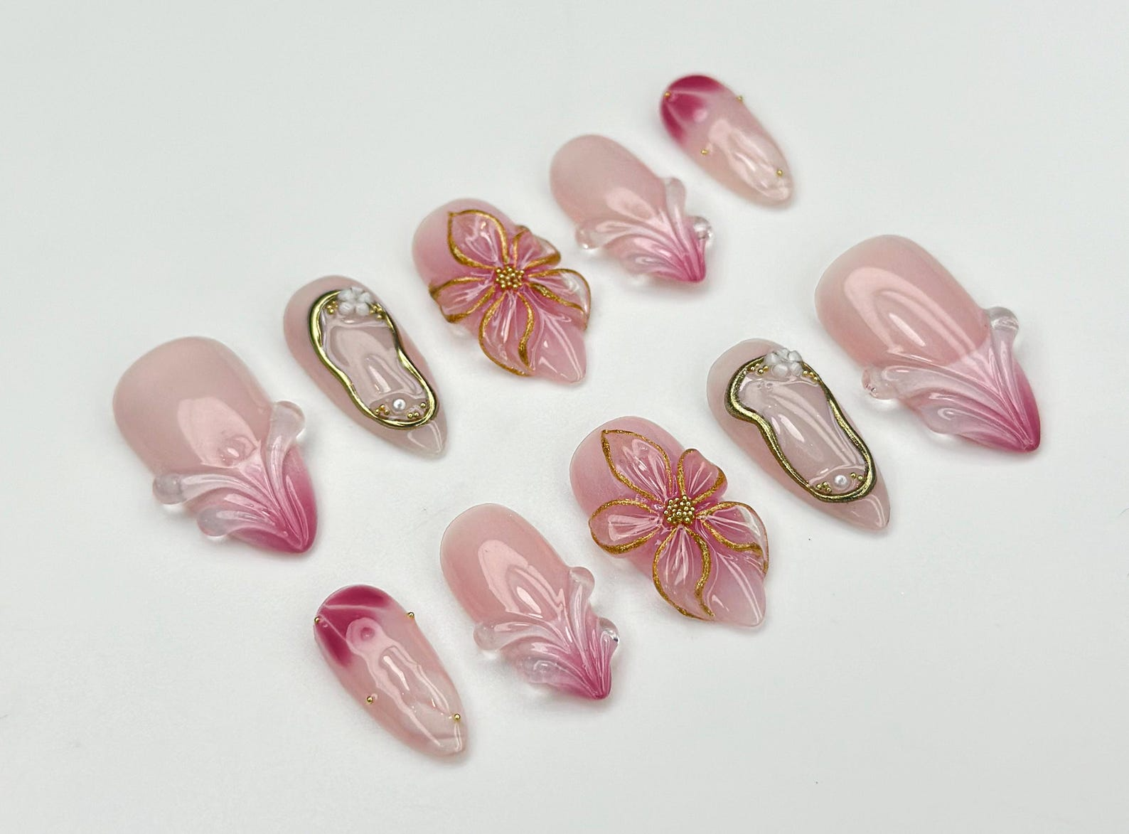Blush Bloom Elegance Press On Nails | 3D Floral Accents & Gold Details & Pink Ombre Press Ons | Wedding Nails | JC962H