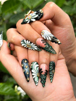 Green Black Press On Nails with 3D Floral and Gold Detail | Elegant Botanical Nails in Almond Shape | Luxury Nails | JB356NC