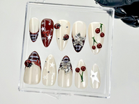Retro Cherry Star Press On Nails | Y2K Indie Style Fake Nails | Burgundy French Tips Nail Art | 2000s Indie Inspired Press Ons | HC928YC