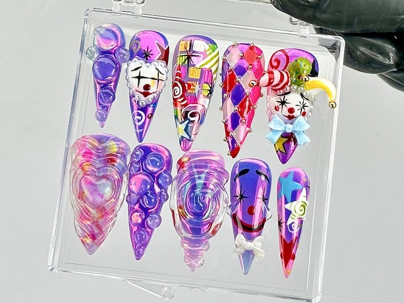 Carnival Clown Press On Nails by DoryNails | 3D Swirl & Mask Fake Nails | Harlequin 3D Nail Art | Bold Clowncore Acrylic Nails| HB797YC