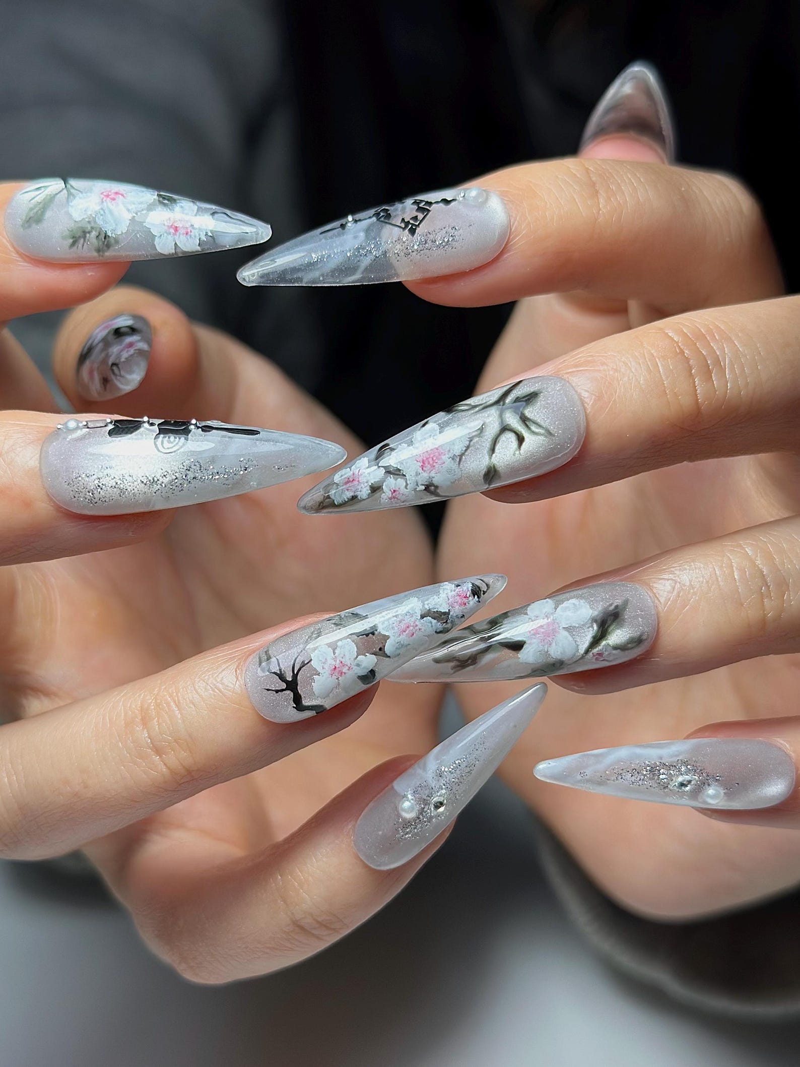 Grey Ombre Floral Press On Nails | Hand Painted Sakura Nail Art | Elegant Stiletto Nails | Japanese Inspired Press Ons | HB1299HC