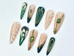 Emerald Butterfly Press On Nails | Nature Inspired Press Ons | Luxurious Green Nail Art | Shimmer Green Nail Set | Luxury Nails | JB758YC