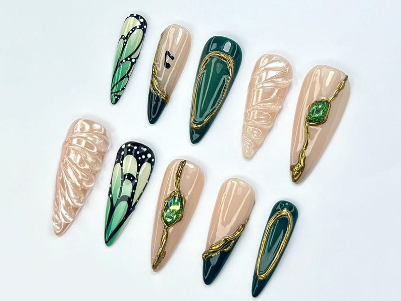 Emerald Butterfly Press On Nails | Nature Inspired Press Ons | Luxurious Green Nail Art | Shimmer Green Nail Set | Luxury Nails | JB758YC