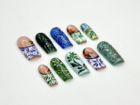 Vintage Botanical Press On Nails | Hand-Painted Ceramic-Inspired Nail Art | Green Leaf Design | Nature-Inspired Press Ons | JB933H