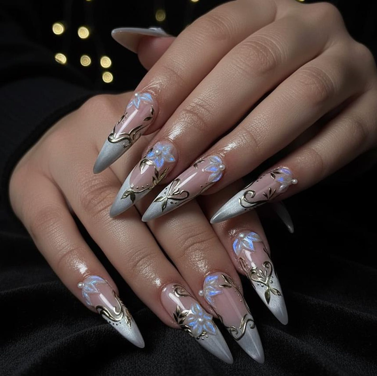 Spring Gothic Blossom Pressons Nails | Dusty Mauve Floral Nails | Iridescent 3D Flower Nail Art | Gold Vine Luxury Nail Set | JB267EC