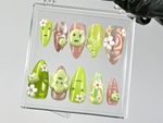 Kawaii Green Press On Nails by Dory Nails | Green & Pink 3D Nail Art | Whimsical 3D Fake Nails | Kawaii Nails with Flowers | Gifts | HC790YK