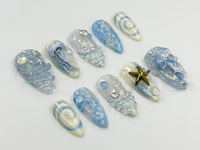 Ocean Dream Jellyfish Press On Nails | Blue Sea Fantasy Nail Art Set | 3D Shell & Starfish Nails | Handmade Oceanic Nail Design | JB782HC