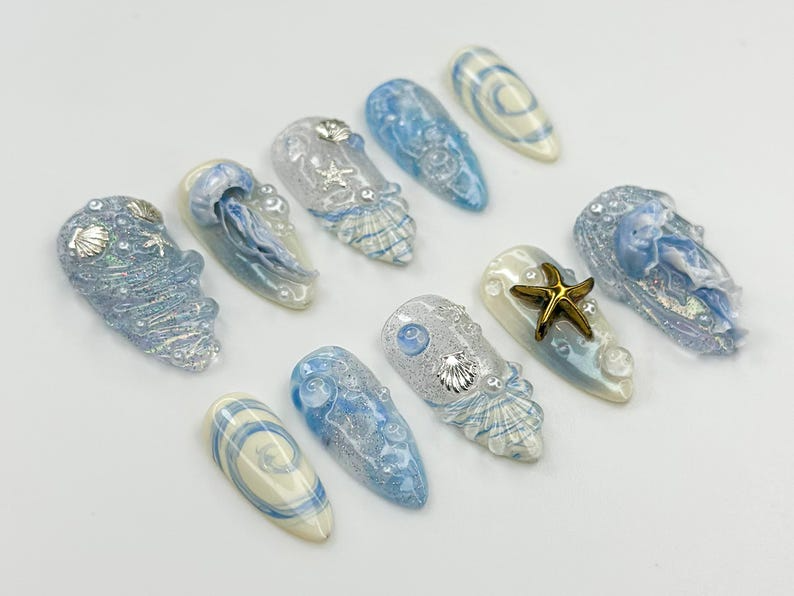 Ocean Dream Jellyfish Press On Nails | Blue Sea Fantasy Nail Art Set | 3D Shell & Starfish Nails | Handmade Oceanic Nail Design | JB782HC
