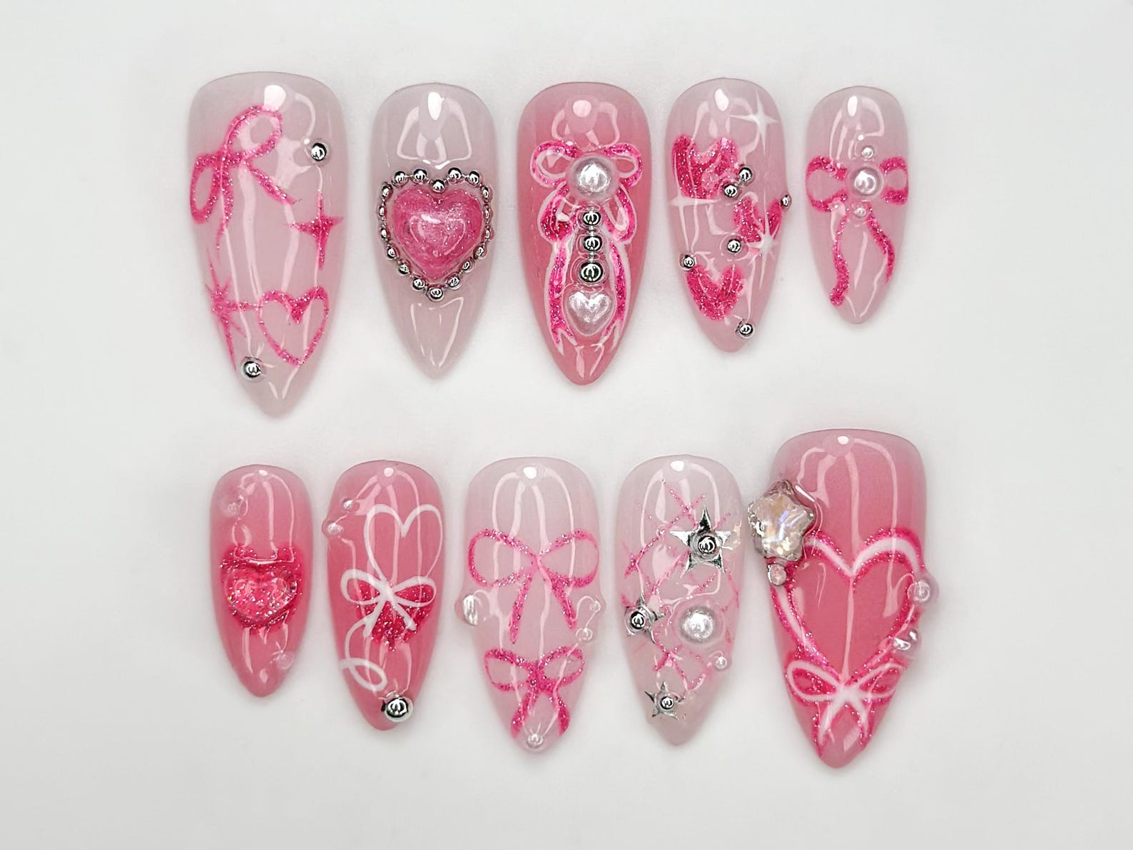 Press On Nails with Pink Ribbon & Heart Charm Design, Handmade Long Glossy Fake Nails for Romantic Coquette Look or Aesthetic Statement Nails