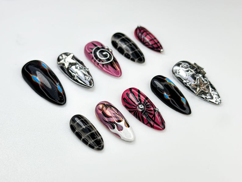 Y2K Black Pink Press On Nails | Silver Star Chrome Nails | Alt Fire Flame Design | Cyber Gothic Press Ons | Gothic Glam Nail Set | JC888H
