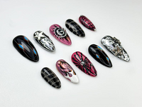 Y2K Black Pink Press On Nails | Silver Star Chrome Nails | Alt Fire Flame Design | Cyber Gothic Press Ons | Gothic Glam Nail Set | JC888H