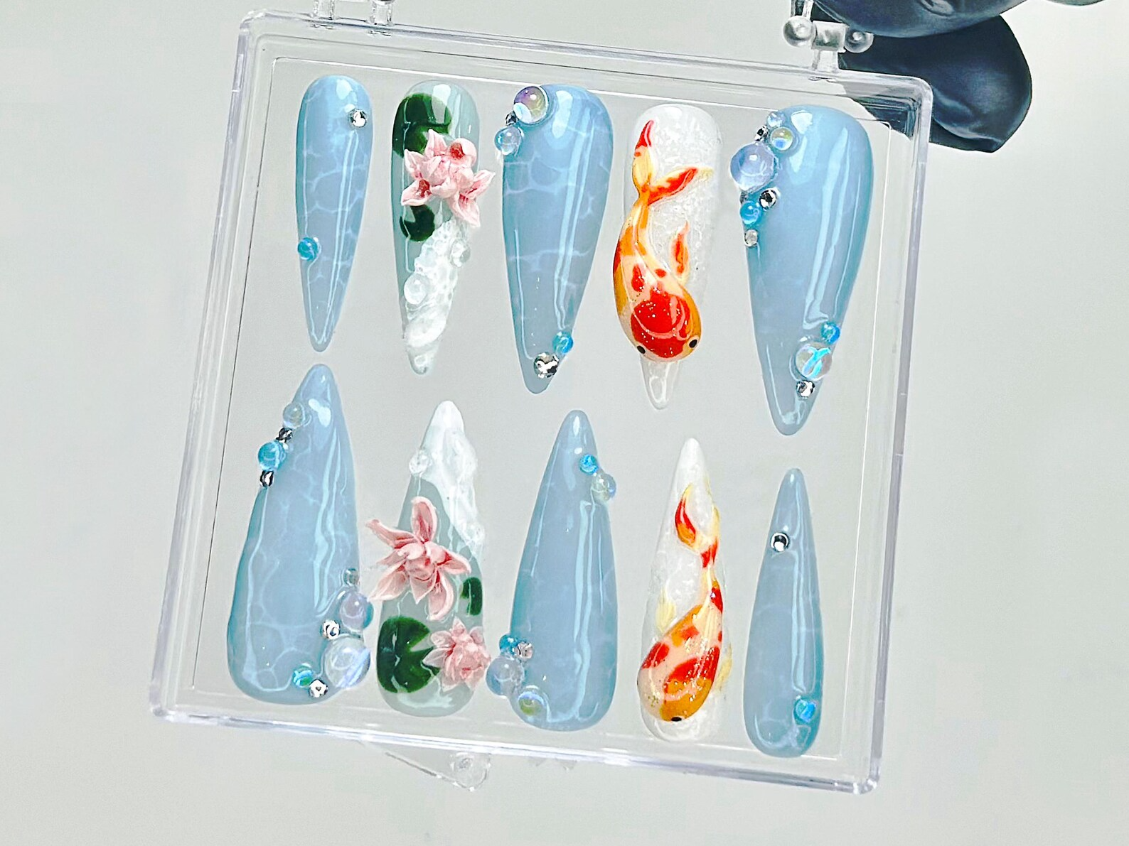 Koi Fish Press On Nails | 3D Water Lily Fake Nails | Japanese Koi Nail Art | Ocean Theme Press Ons | Goldfish & Lotus Nails | HB924YC