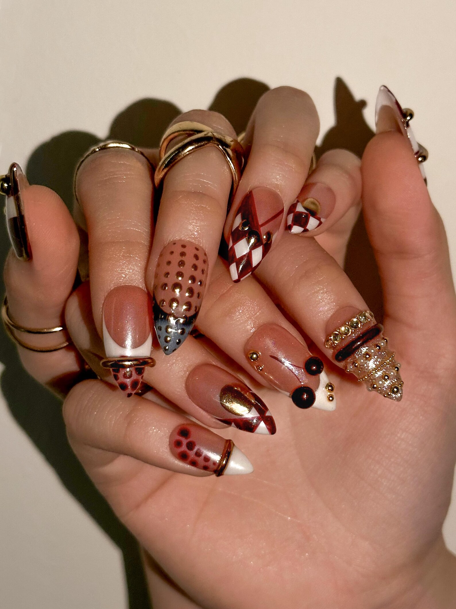 Gold Ring Luxury Press On Nails | Pearl Nude & Gold Hardware Nails | Luxury Gilded Almond Nail Art | High Fashion Jewelry Nail Set | JB296EC