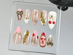 Romantic Cherry Press On Nails | Handmade Cherry, Gold Bead Press Ons | Pink & Gold Bow Fake Nails | French Tip Nail Art | HC782YK