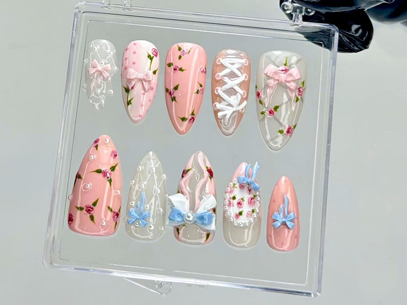 Balletcore Rose Press On Nails | Floral Lace Fake nails| Vintage Rose Nail Art | Feminine Handmade Kawaii Nails | Luxury Nails | HB940YC