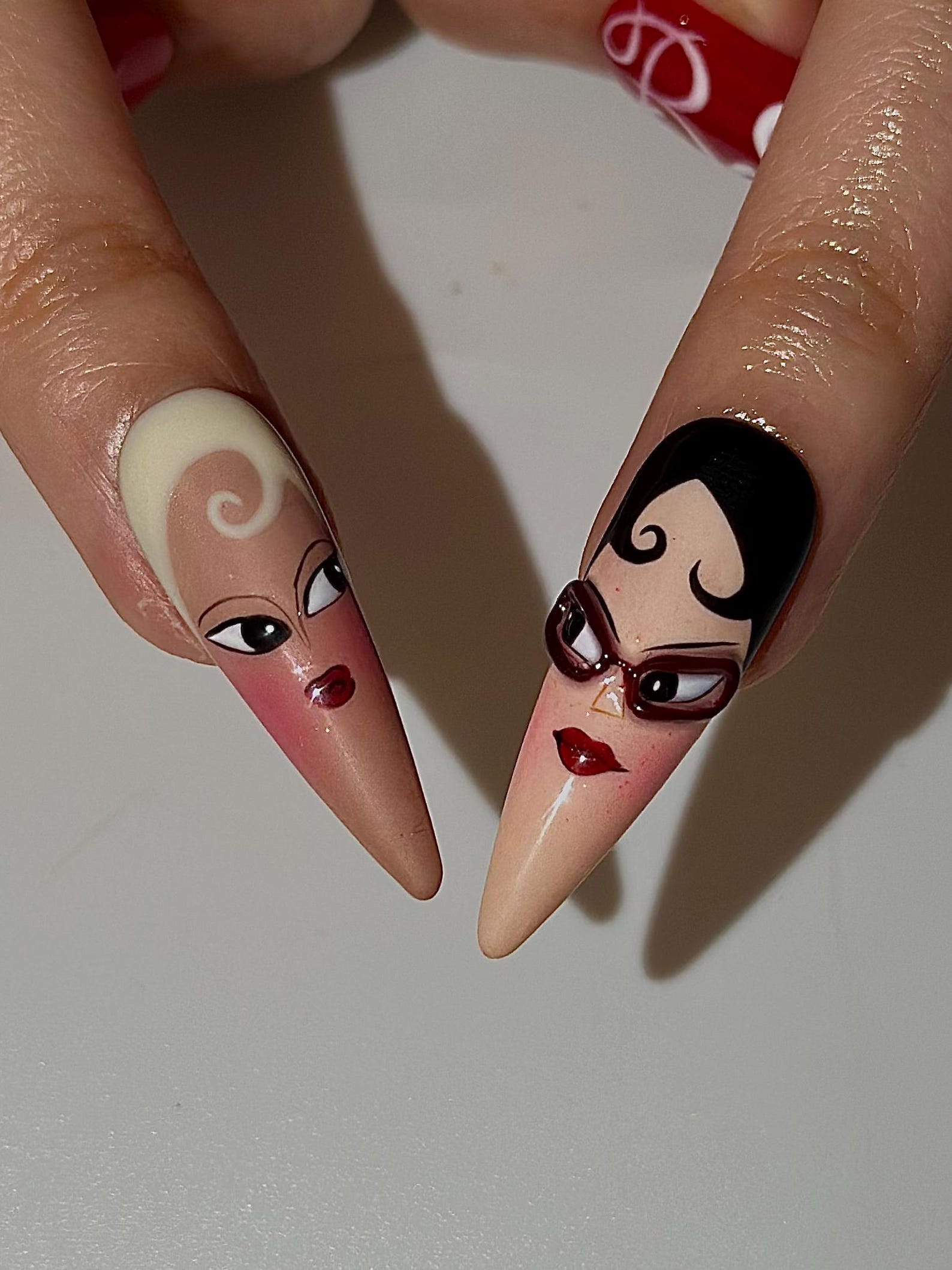 Fashion Doll Aesthetic Press On Nails | Red Vintage Girl Nails | Hand Painted Character Nails | Y2K Pop Art Nail Design | JB327HC