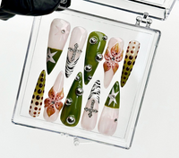 Safari Chic Press On Nails | Olive Green and Cross Nail Set | Pink Flower and Jungle Vibe | Animal Print & Chrome Accent | HC965EK