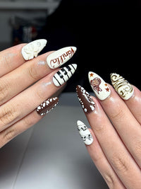 Brown Deer Press On Nails | Piano Note Nail Art | Elegant White Brown Nails | 3D Flower Gold Detail Nails | Handmade Press Ons | HB1307IC