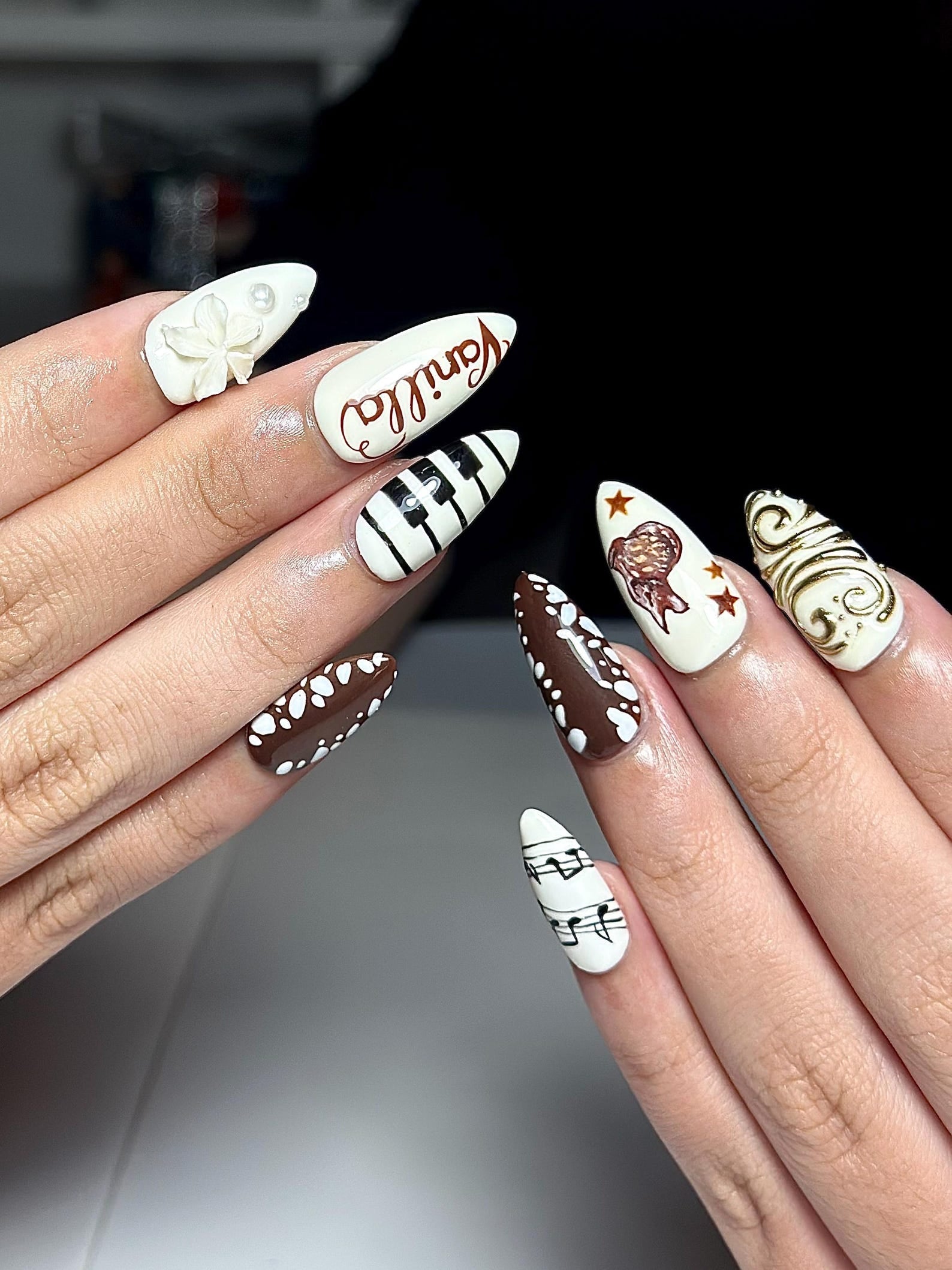 Brown Deer Press On Nails | Piano Note Nail Art | Elegant White Brown Nails | 3D Flower Gold Detail Nails | Handmade Press Ons | HB1307IC