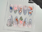 Japanese Koi Pond Long Almond Nails | Artistic Koi Fish Nail Art |Elegant Handcrafted Fake Nails | Luxurious False Nails |Koi-Themed|HB714YC