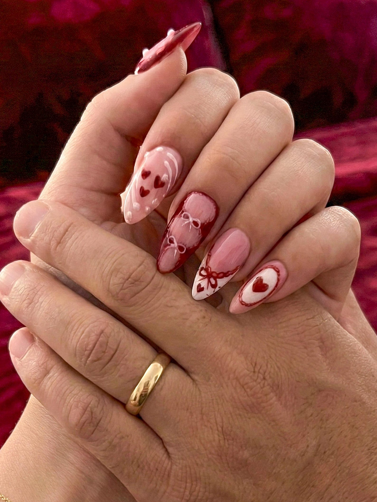 Press On Nails Adhesive Tabs ?M?Pink Red Heart & Bow Design Long Almond Handmade Fake Nails for Valentine Gift